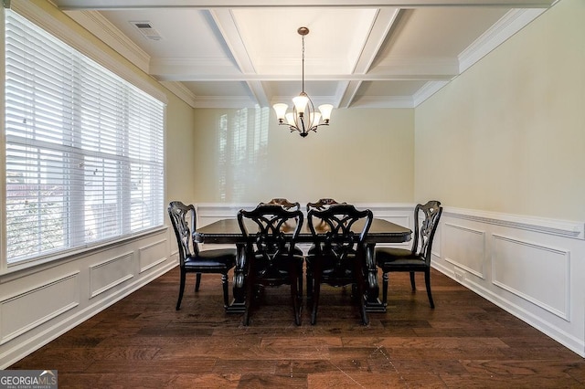 dining space featuring dark hardwood / wood-style floors, a notable chandelier, and a healthy amount of sunlight