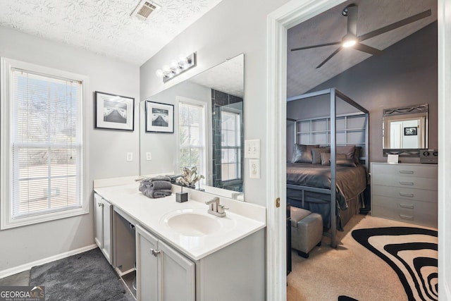 bathroom with vanity, vaulted ceiling, and a textured ceiling