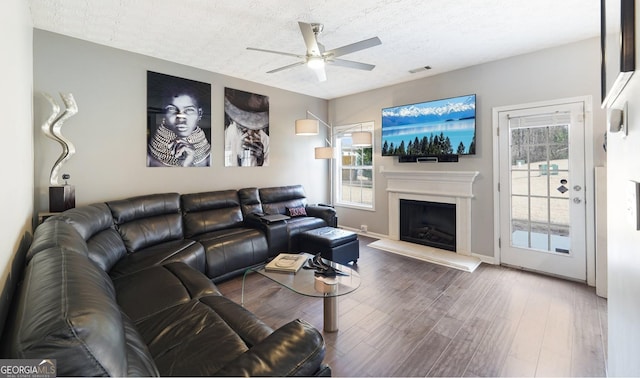 living room with hardwood / wood-style floors, a textured ceiling, and a wealth of natural light