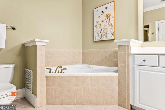 bathroom featuring crown molding, a garden tub, visible vents, and tile patterned floors