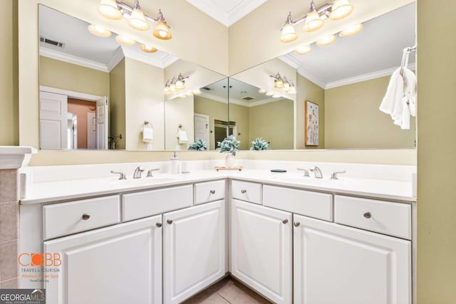 full bathroom featuring visible vents, crown molding, and tile patterned flooring