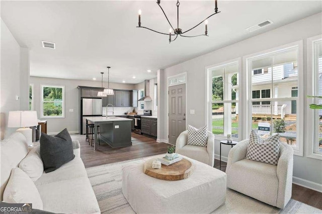 living room with sink, a notable chandelier, a wealth of natural light, and hardwood / wood-style flooring