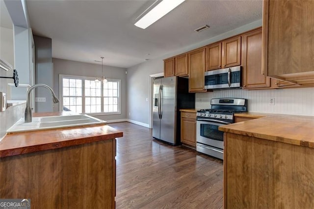 kitchen with butcher block countertops, sink, hanging light fixtures, stainless steel appliances, and dark hardwood / wood-style floors