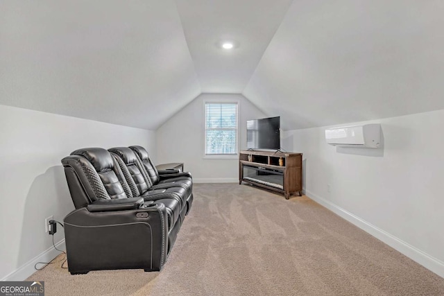 interior space featuring an AC wall unit and lofted ceiling