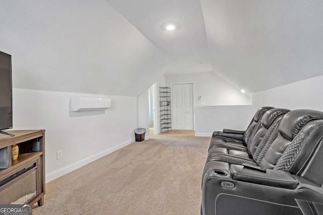 interior space with lofted ceiling, light colored carpet, and a wall unit AC