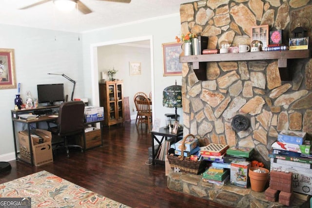 office space featuring dark wood-type flooring and ceiling fan