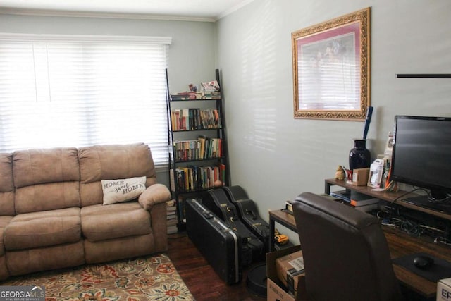 office area with dark hardwood / wood-style flooring and ornamental molding