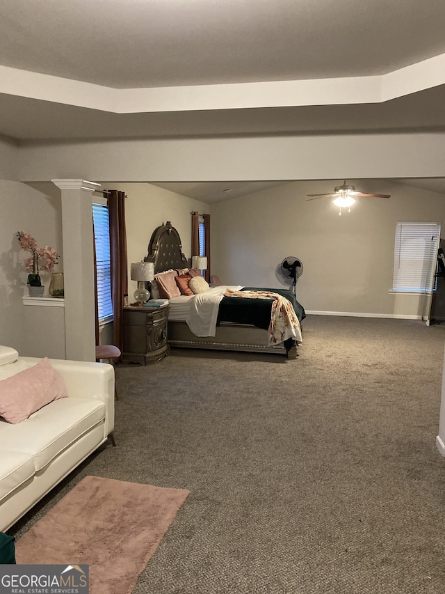 bedroom featuring ceiling fan and dark colored carpet