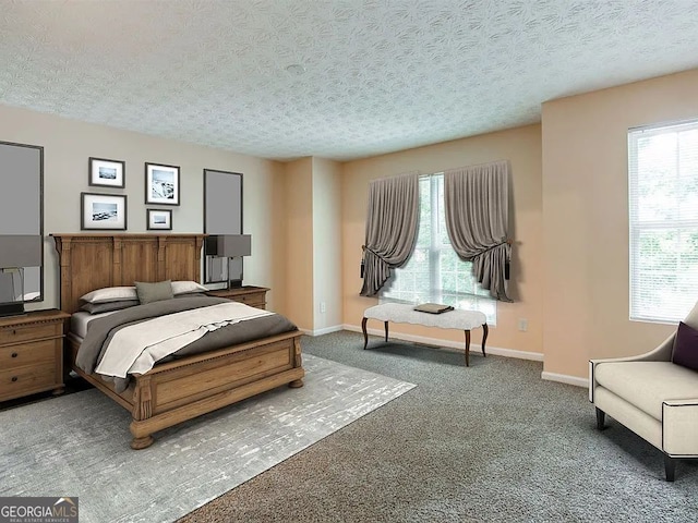 carpeted bedroom with multiple windows and a textured ceiling