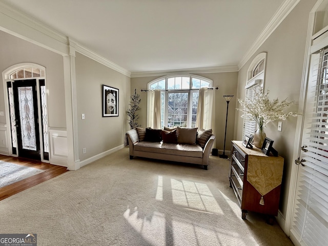 living area featuring ornamental molding and carpet flooring