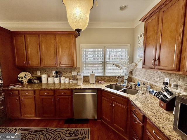 kitchen featuring sink, dark hardwood / wood-style floors, ornamental molding, light stone counters, and stainless steel dishwasher