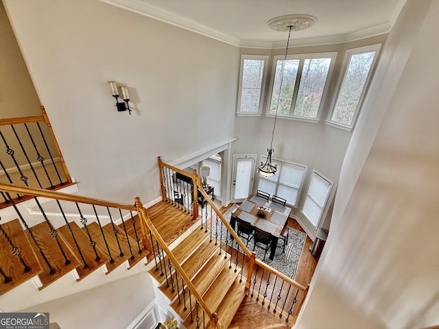 stairway featuring ornamental molding and hardwood / wood-style floors