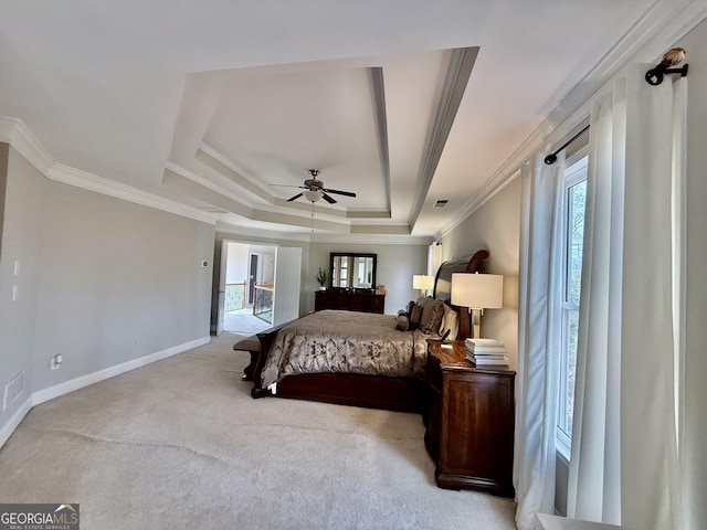 carpeted bedroom with ceiling fan, access to outside, crown molding, and a raised ceiling