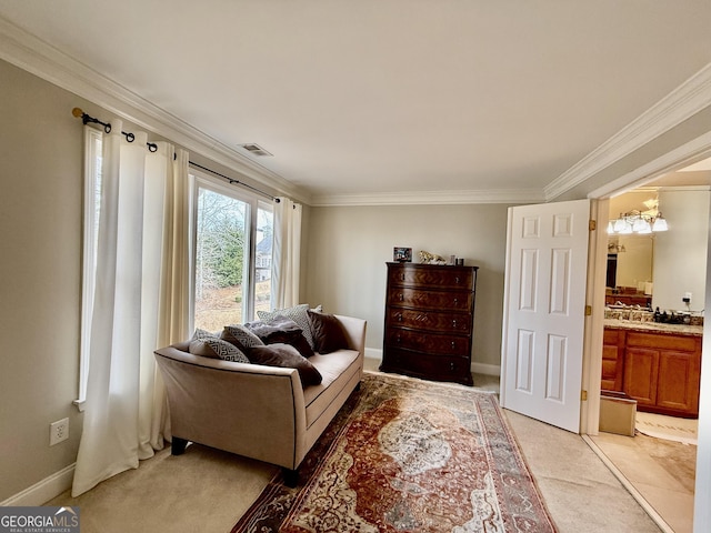 living room with crown molding