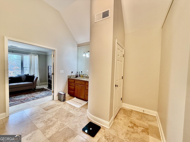 bathroom featuring vaulted ceiling and vanity