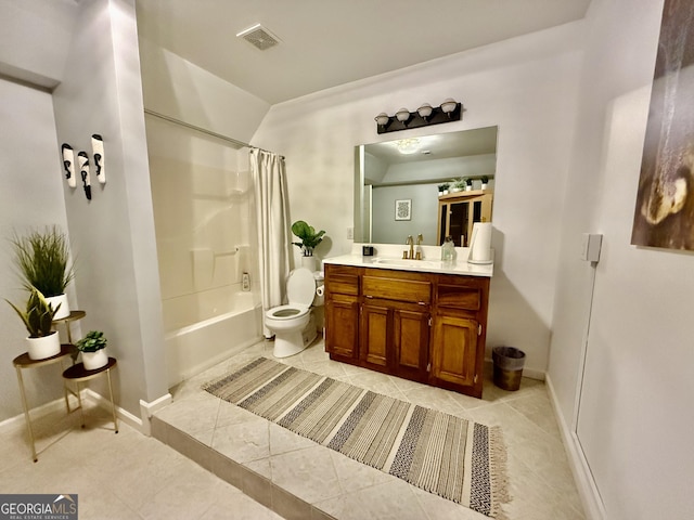 full bathroom featuring toilet, shower / tub combo with curtain, tile patterned flooring, lofted ceiling, and vanity