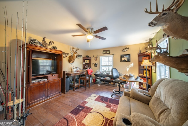 living room with ceiling fan and hardwood / wood-style floors