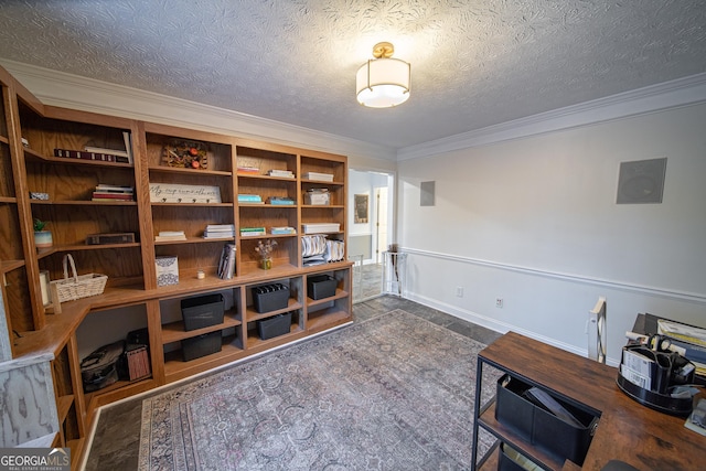 office space featuring crown molding and a textured ceiling