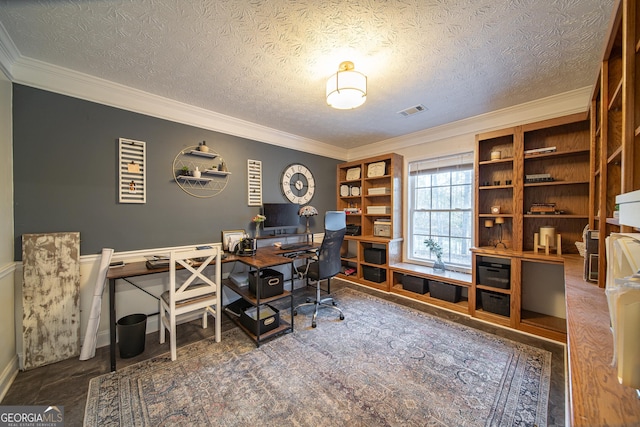 office featuring a textured ceiling and ornamental molding