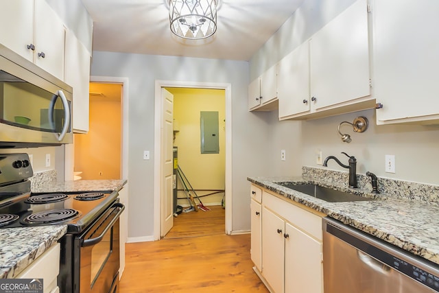 kitchen featuring appliances with stainless steel finishes, sink, white cabinetry, and electric panel