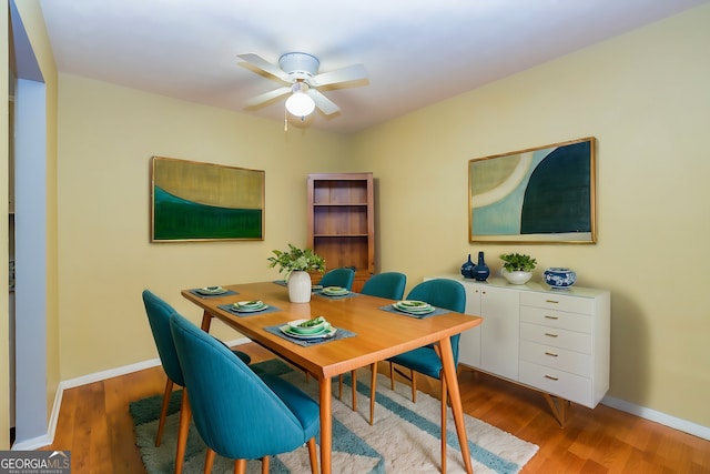 office area with ceiling fan and hardwood / wood-style floors