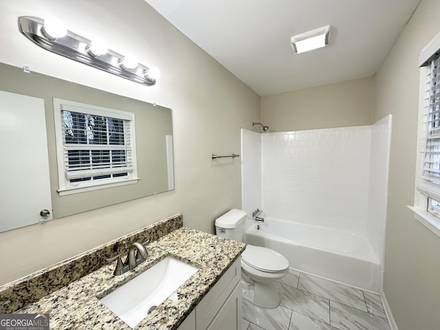 full bathroom with shower / bath combination, toilet, and vanity