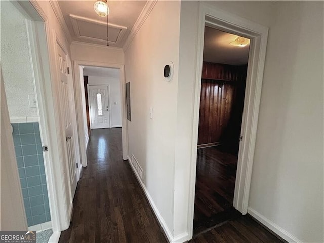 hallway with dark wood-type flooring and tile walls