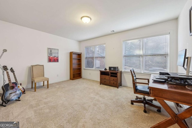 home office with light colored carpet