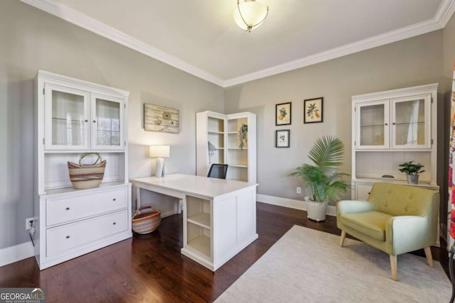 office with dark wood-type flooring and crown molding