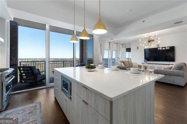 kitchen featuring appliances with stainless steel finishes, dark hardwood / wood-style flooring, hanging light fixtures, a large island, and a chandelier