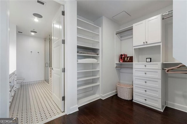 walk in closet with dark hardwood / wood-style flooring