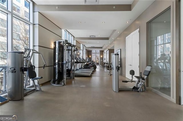 exercise room with a wall of windows and a raised ceiling