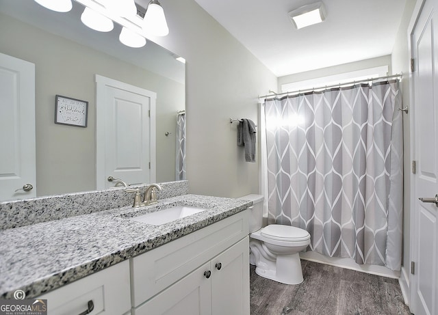 bathroom featuring hardwood / wood-style flooring, vanity, and toilet