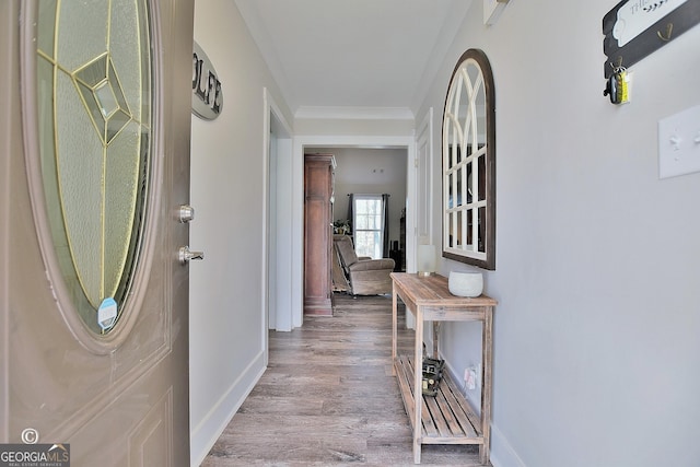 hall featuring crown molding and light hardwood / wood-style flooring