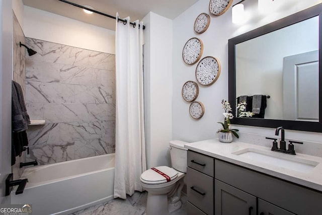 full bathroom featuring toilet, vanity, and shower / bath combination with curtain