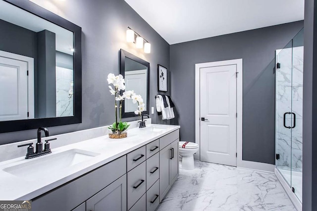 bathroom with a shower with shower door, toilet, and vanity