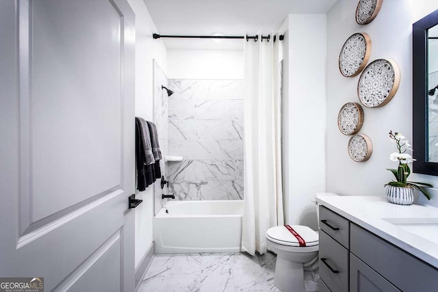 full bathroom featuring toilet, vanity, and shower / bathtub combination with curtain