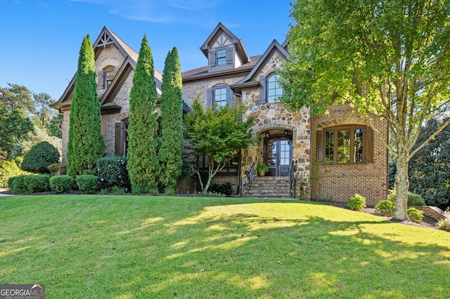 view of front of home with a front yard and french doors