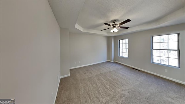 carpeted spare room with ceiling fan and a tray ceiling