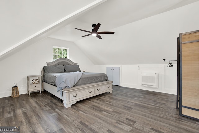 bedroom featuring lofted ceiling, dark wood-type flooring, heating unit, and ceiling fan