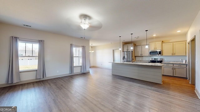 kitchen featuring hanging light fixtures, light wood-type flooring, stainless steel appliances, and a kitchen island