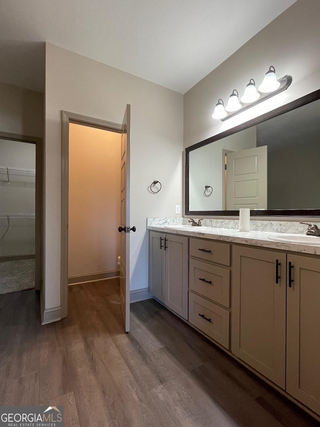 bathroom with vanity and wood-type flooring