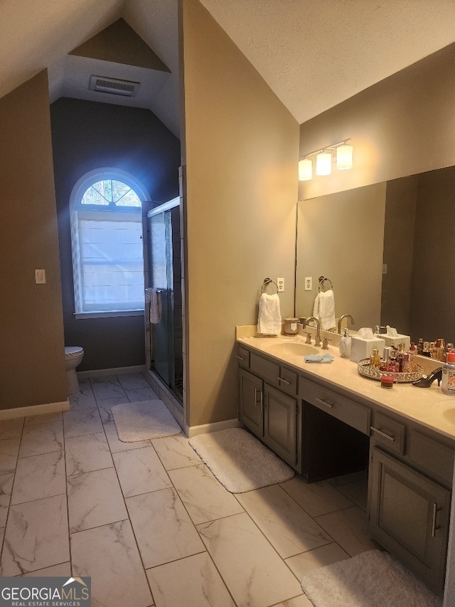 bathroom with toilet, vanity, vaulted ceiling, a textured ceiling, and a shower with door