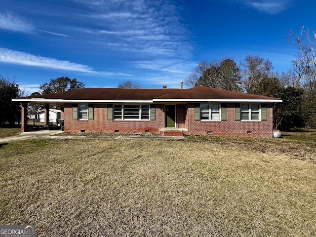 single story home featuring a front yard and a carport