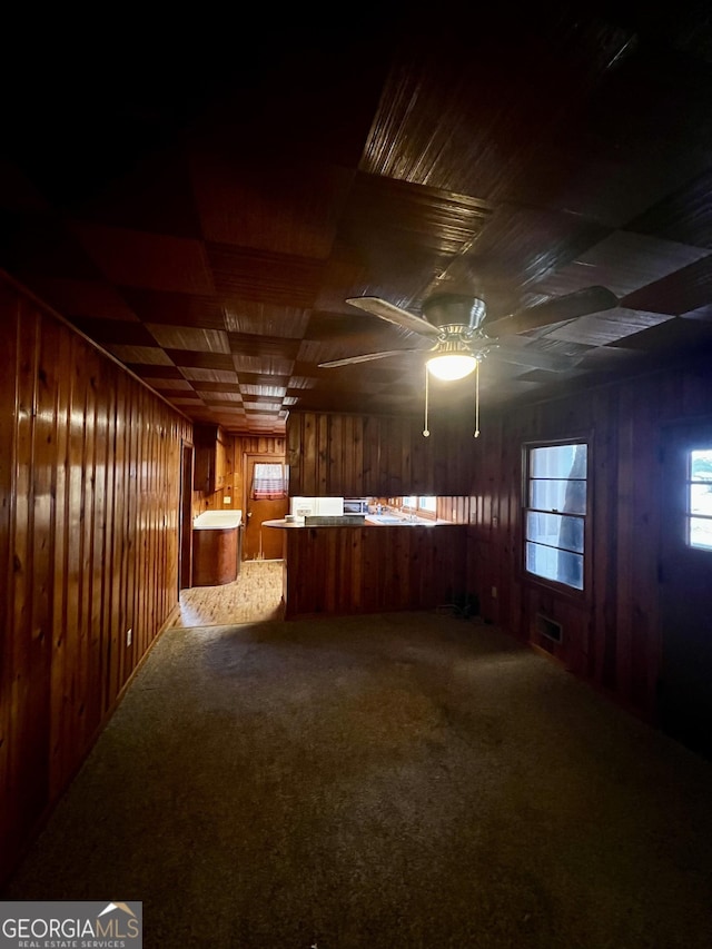 basement featuring carpet and wood walls