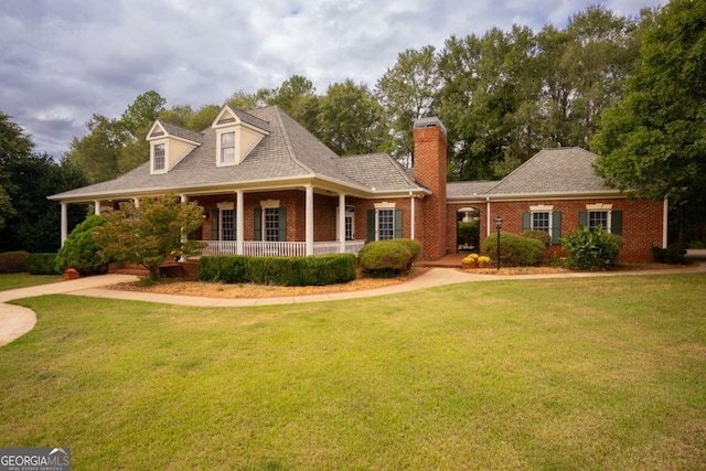 new england style home featuring a porch and a front yard