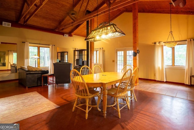 dining area with french doors, plenty of natural light, and wooden ceiling