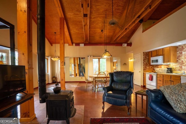 living room featuring wood ceiling, beam ceiling, and high vaulted ceiling