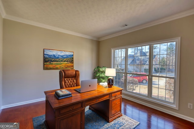 office featuring dark wood-type flooring, a textured ceiling, and crown molding