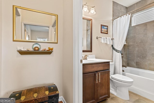 full bathroom featuring toilet, shower / bath combination with curtain, and vanity